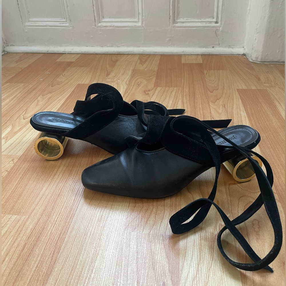 JW ANDERSON ANKLE WRAP GOLD HEELS